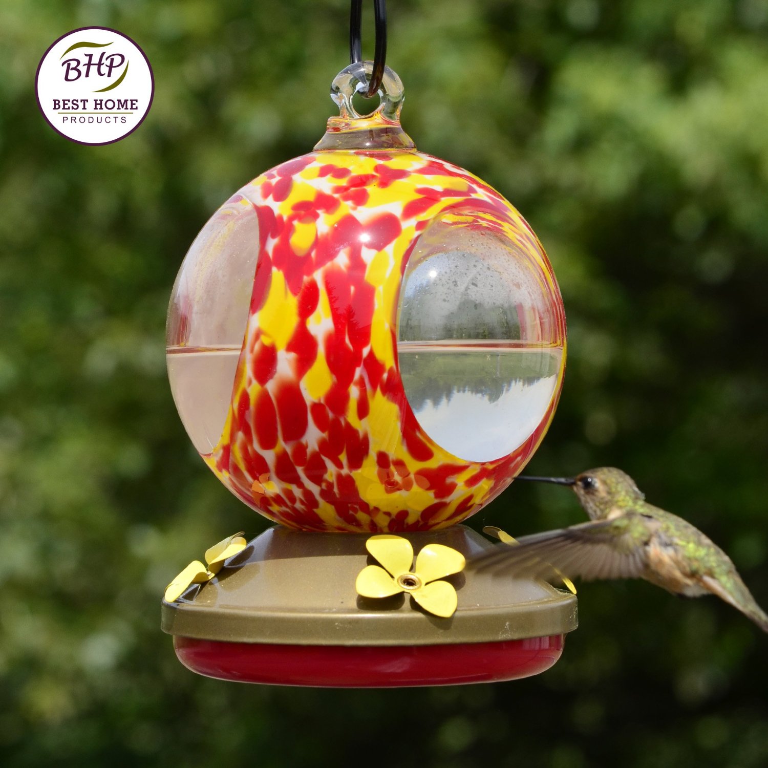 Blown Glass Hummingbird Feeder Nectar Globe With Red And Yellow Best Home Products 5150