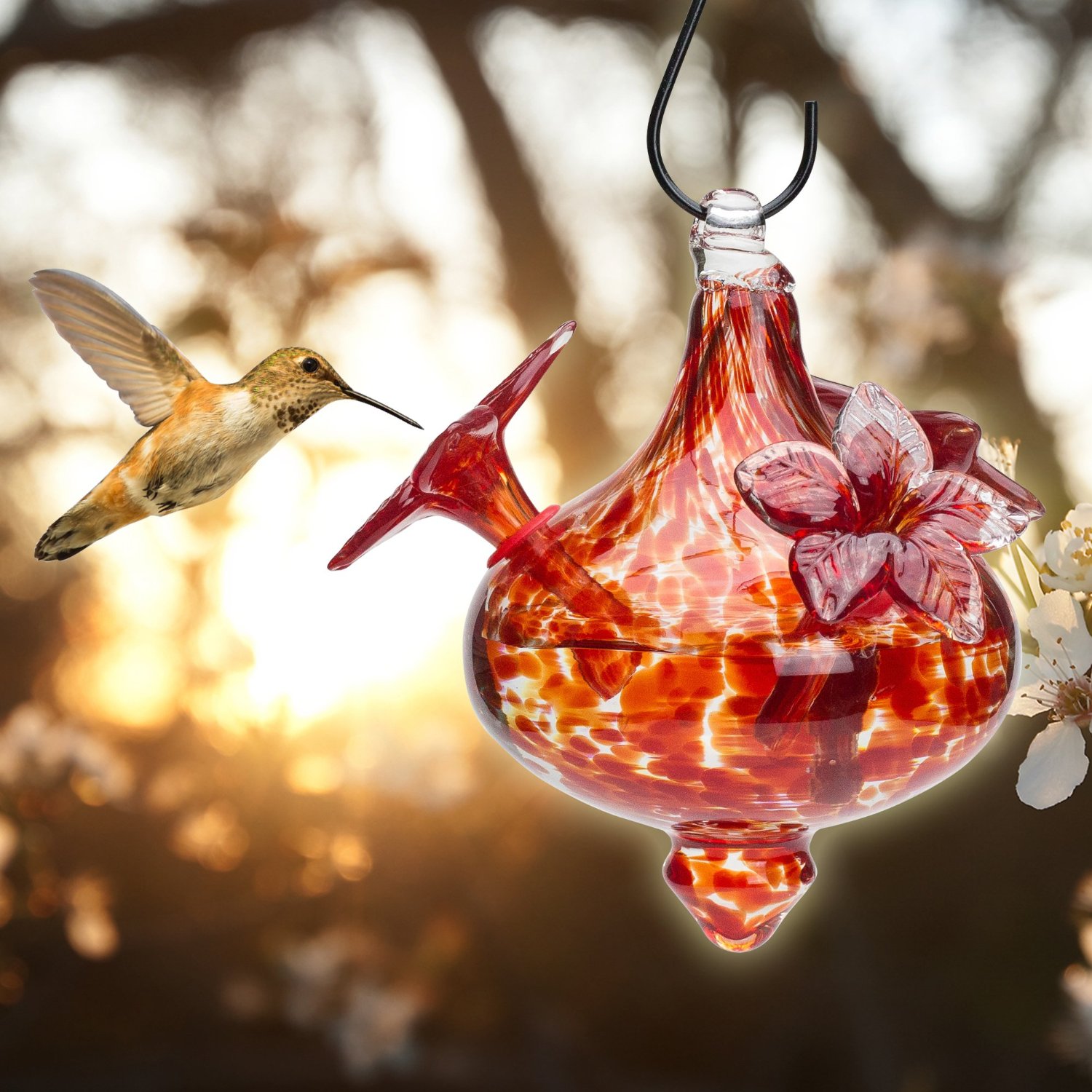 Blown Glass Hummingbird Feeder - Red Bouquet Cap with Red Flowers
